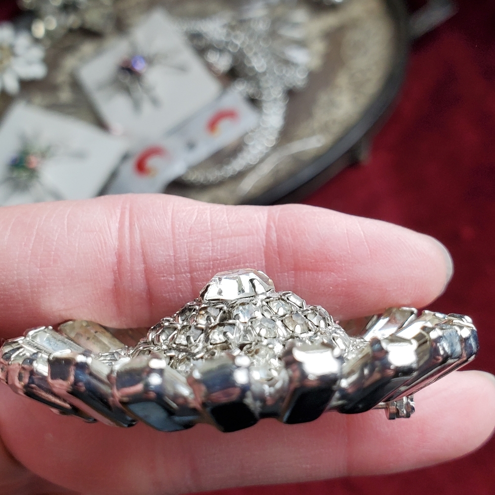 1950 Rhinestone Pin Baguette Round Brooch SPARKLES - Picture 3 of 6